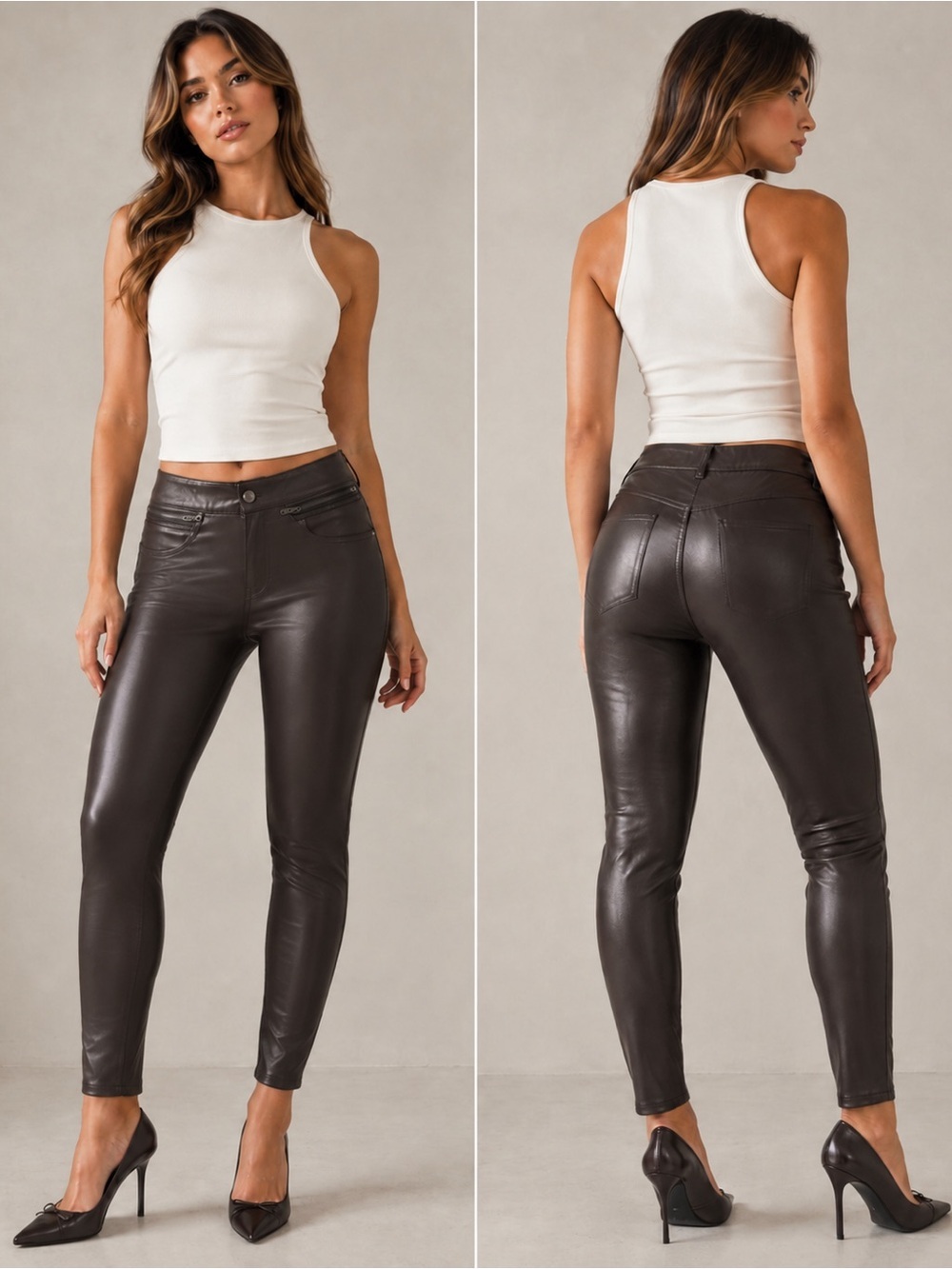 HUE dark chocolate brown faux leather zipper detail leggings Sz S